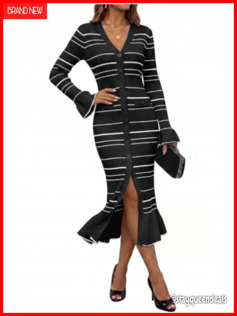 Women's Ribbed Knit Long Cardigan Sweater Dress Striped Midi